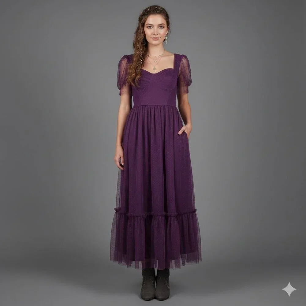 Lulus Whimsy Fairy Wedding Guest Plum Purple Tulle Bustier Midi Dress Small NWT - Picture 4 of 8